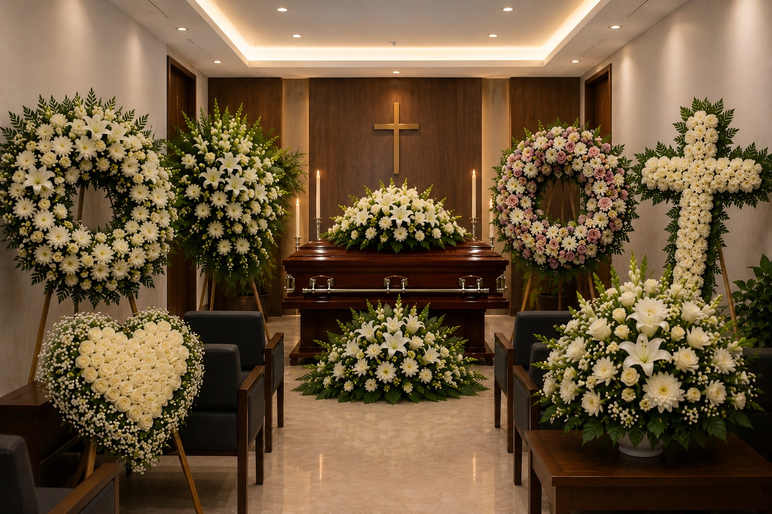 Capilla con coronas fúnebres y arreglos florales para entrega en panteón por FioriShop